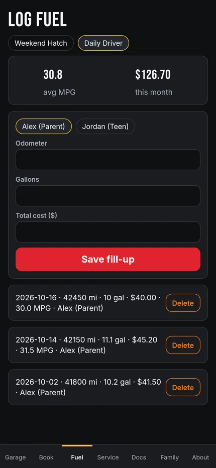 Fuel log with MPG